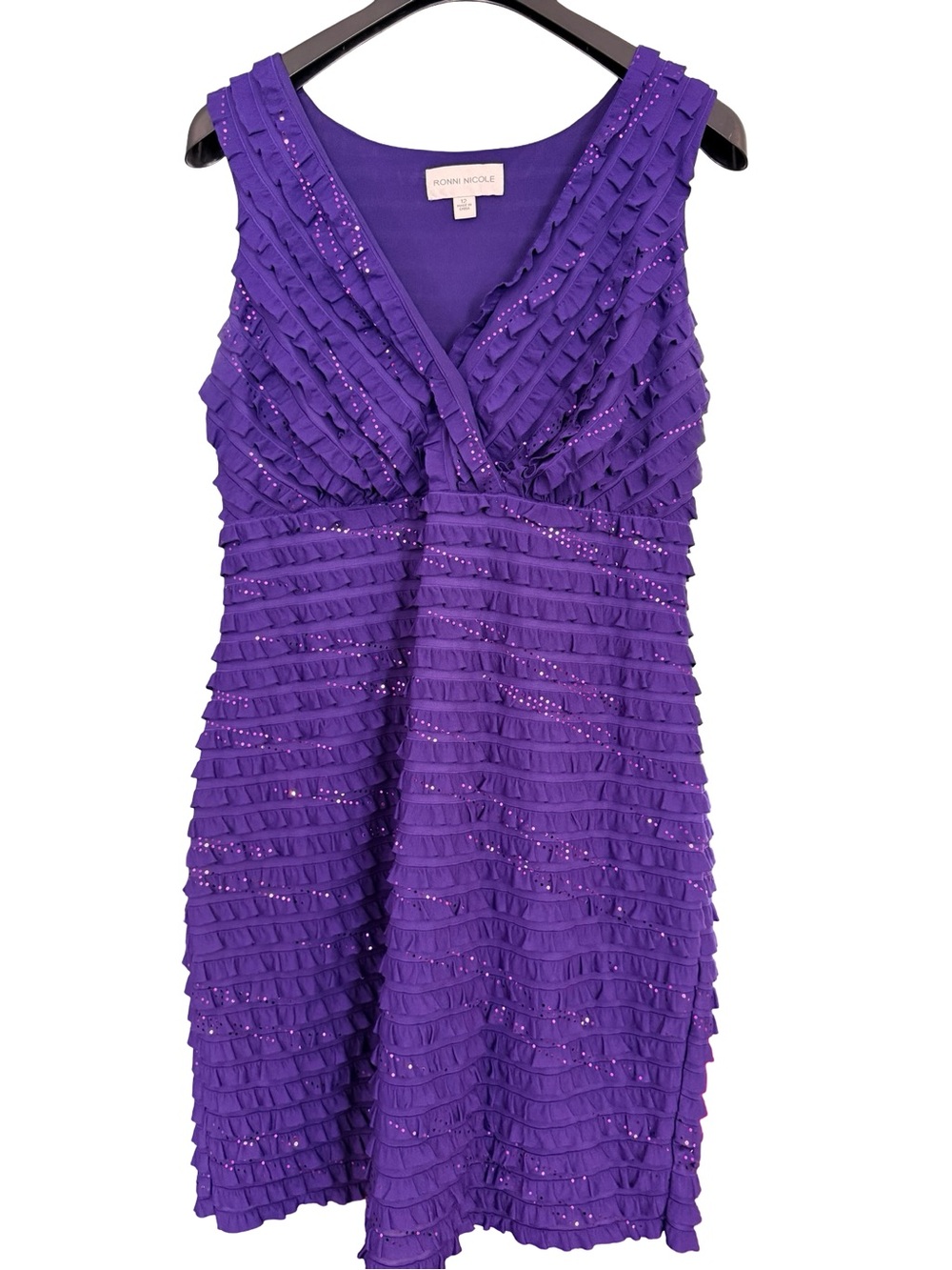 Ronni Nicole Purple Ruffle Sequin V-Neck Party Dress